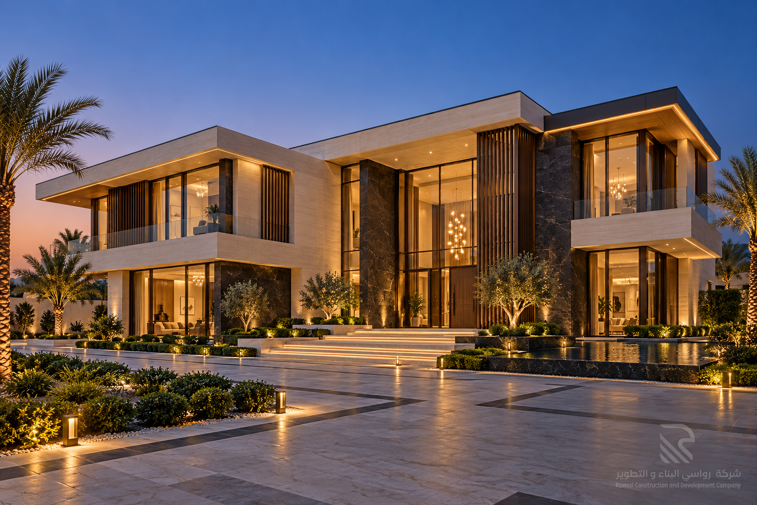 contemporary saudi palace at blue hour