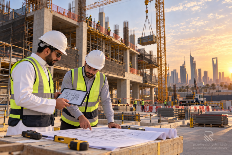 Home saudi construction team reviewing building plans