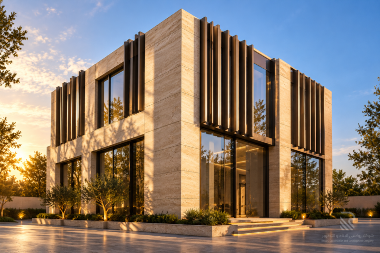 Home warmly lit contemporary stone and glass building